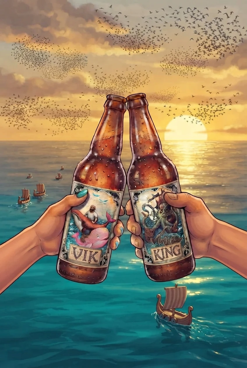 Chapitre 8 du roman Le Hamac et les Colibris : 2 mains trinquent avec des bouteilles de bière aux étiquettes VIK et KING, face à la mer turquoise où de petits drakkars naviguent vers le soleil couchant, sous des nuées d'oiseaux.