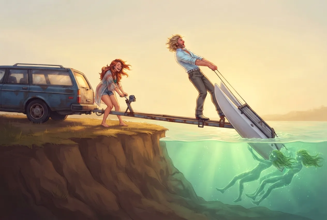 Chapitre 9 du roman Le Hamac et les Colibris : au bord d'un lac à l'eau vert fluo, Coraline pliée de rire tourne le treuil derrière une vieille voiture bleue, le Viking debout sur la remorque tire de toutes ses forces l'avant du catamaran, et sous l'eau, 3 esprits de l'eau translucides tirent l'arrière du bateau vers le fond.