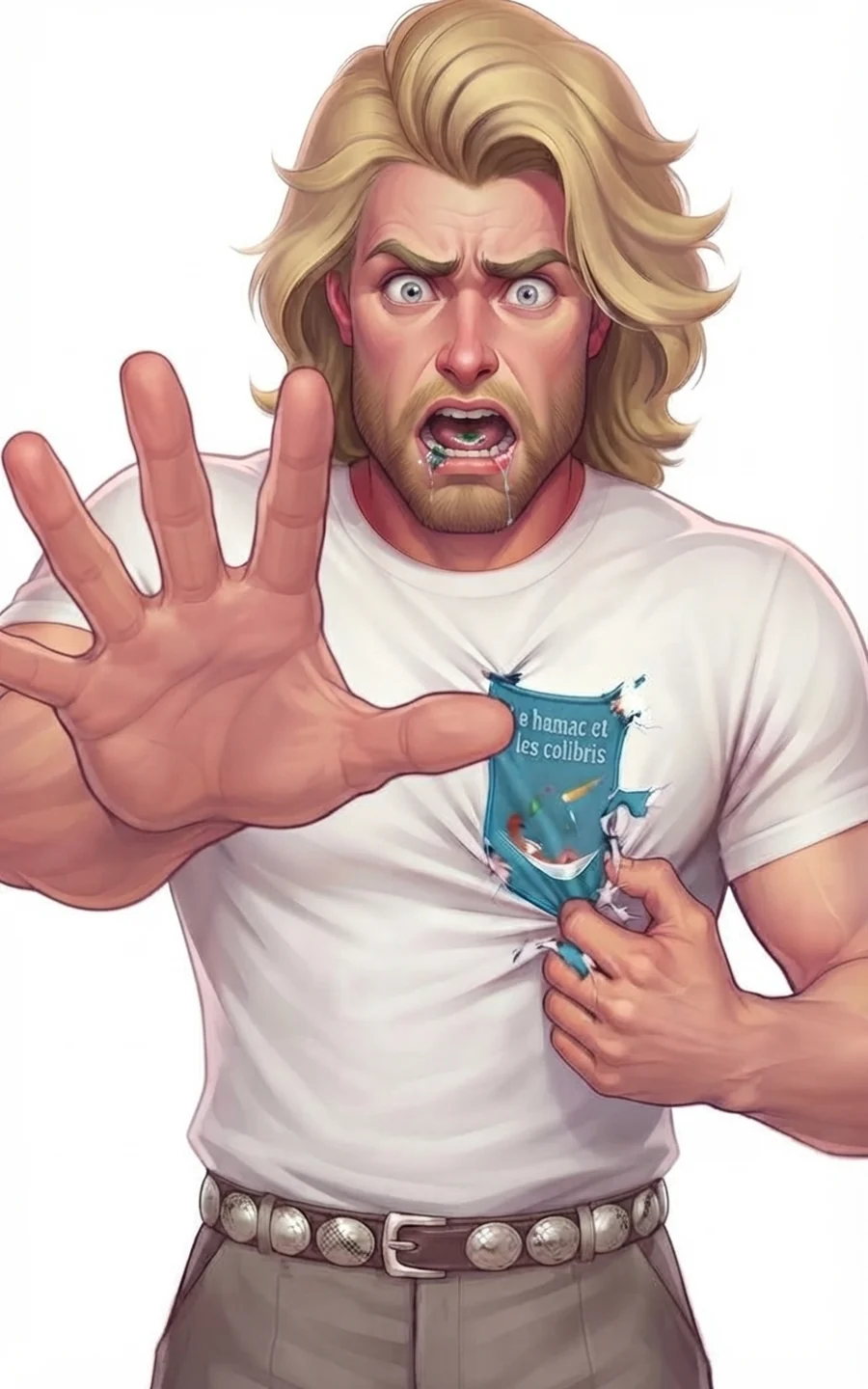 Chapitre 11 du roman Le Hamac et les Colibris : le Viking arrache le logo collé sur son tee-shirt, la main tendue pour qu’on le laisse tranquille