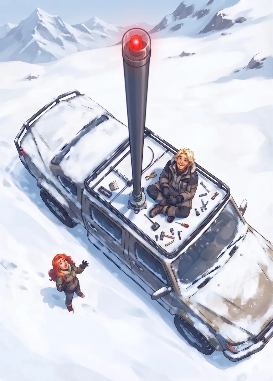 Le Viking, assis sur le toit du drak-car au milieu de ses outils, installe une antenne