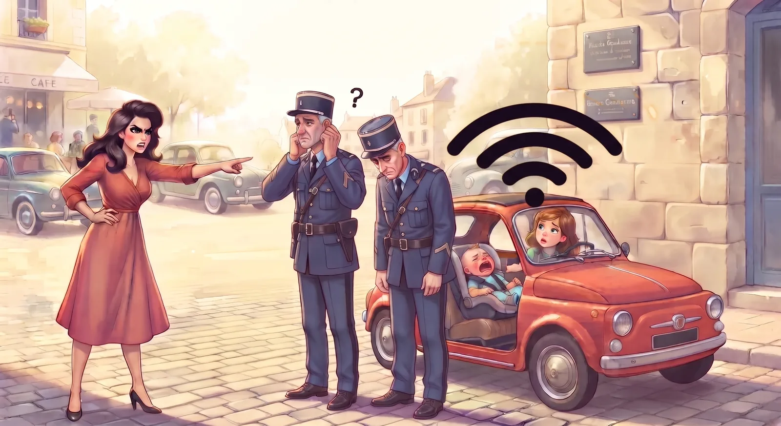 Chapitre 42 du roman Le Hamac et les Colibris : Renata, la mère de Coraline, pointe le doigt vers 2 gendarmes ; l'un se bouche les oreilles, le bébé hurle dans la petite voiture rouge.