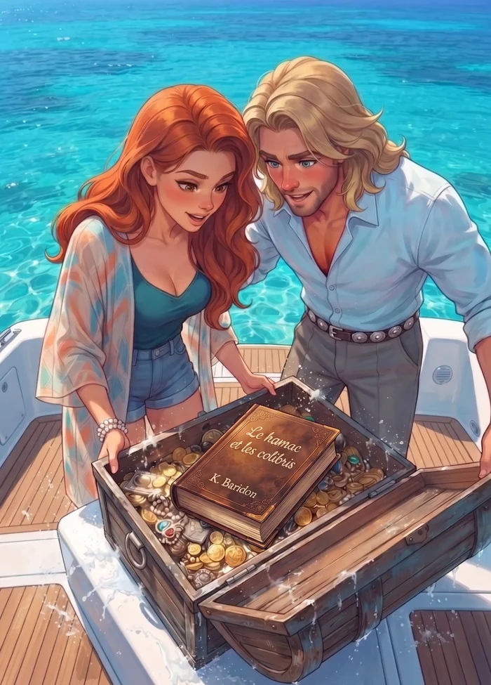 Coraline et Le Viking ouvrent un coffre au trésor sur le pont du bateau : à l'intérieur, parmi les pièces d'or, le roman Le Hamac et les Colibris
