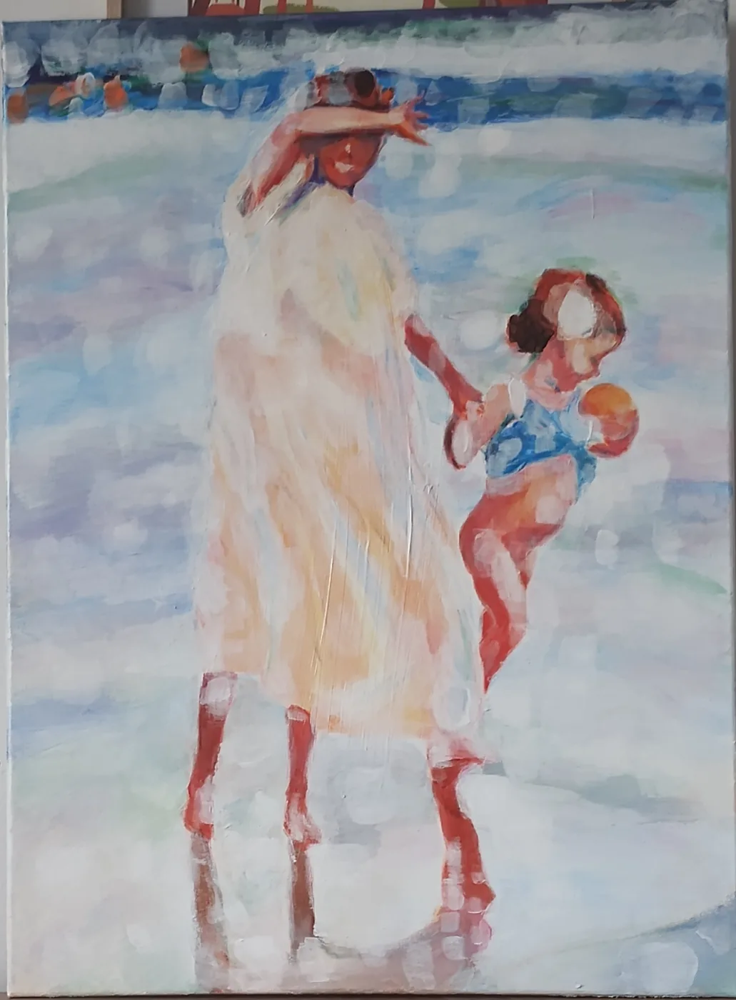 Peinture de Karine Baridon : deux sœurs sur la plage, dans des tons très clairs, d'après Sorolla.