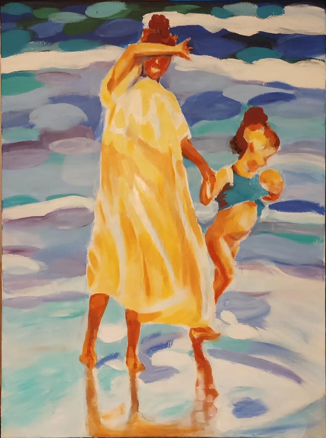 Peinture de Karine Baridon : deux sœurs sur la plage, robe jaune vif et mer en taches bleues et vertes, d'après Sorolla.