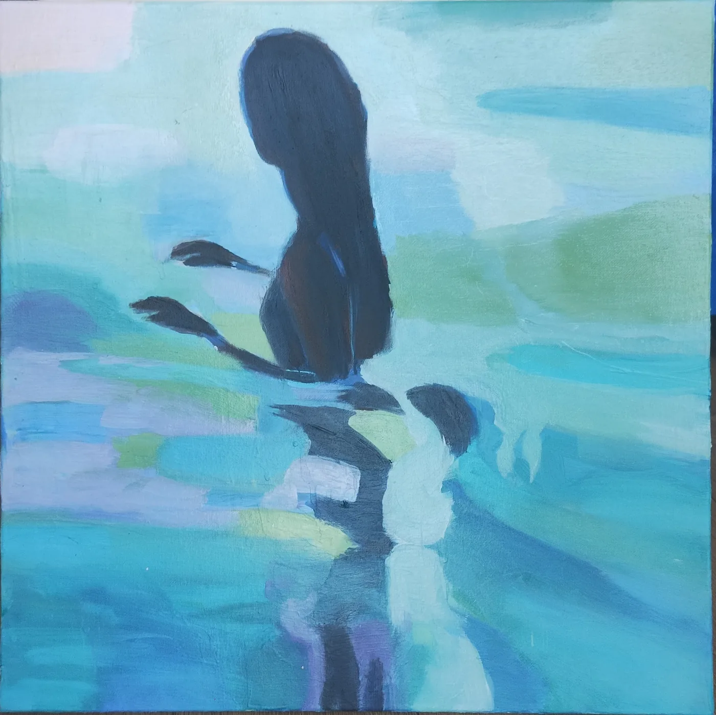 Peinture de Karine Baridon : une baigneuse de dos, silhouette sombre dans une eau turquoise et verte.