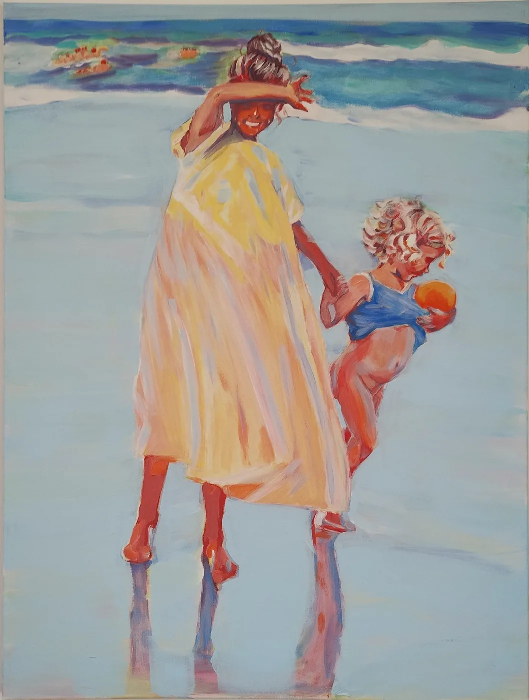 Peinture de Karine Baridon : deux sœurs sur la plage, robe jaune et maillot bleu, d'après Sorolla.