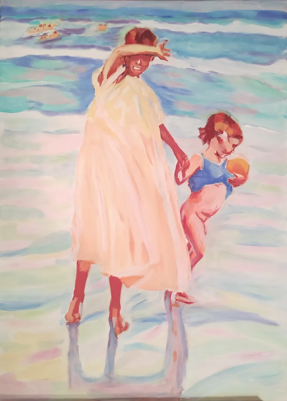 Peinture de Karine Baridon : deux sœurs devant une mer turquoise, robe crème et reflets dans l'eau, d'après Sorolla.