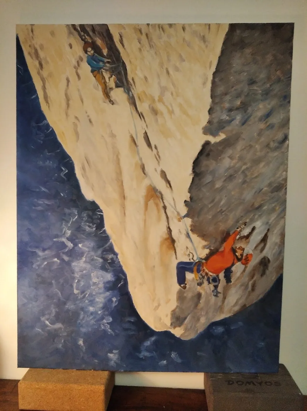 Peinture de Karine Baridon : deux grimpeurs encordés dans une falaise calcaire au-dessus de la mer.