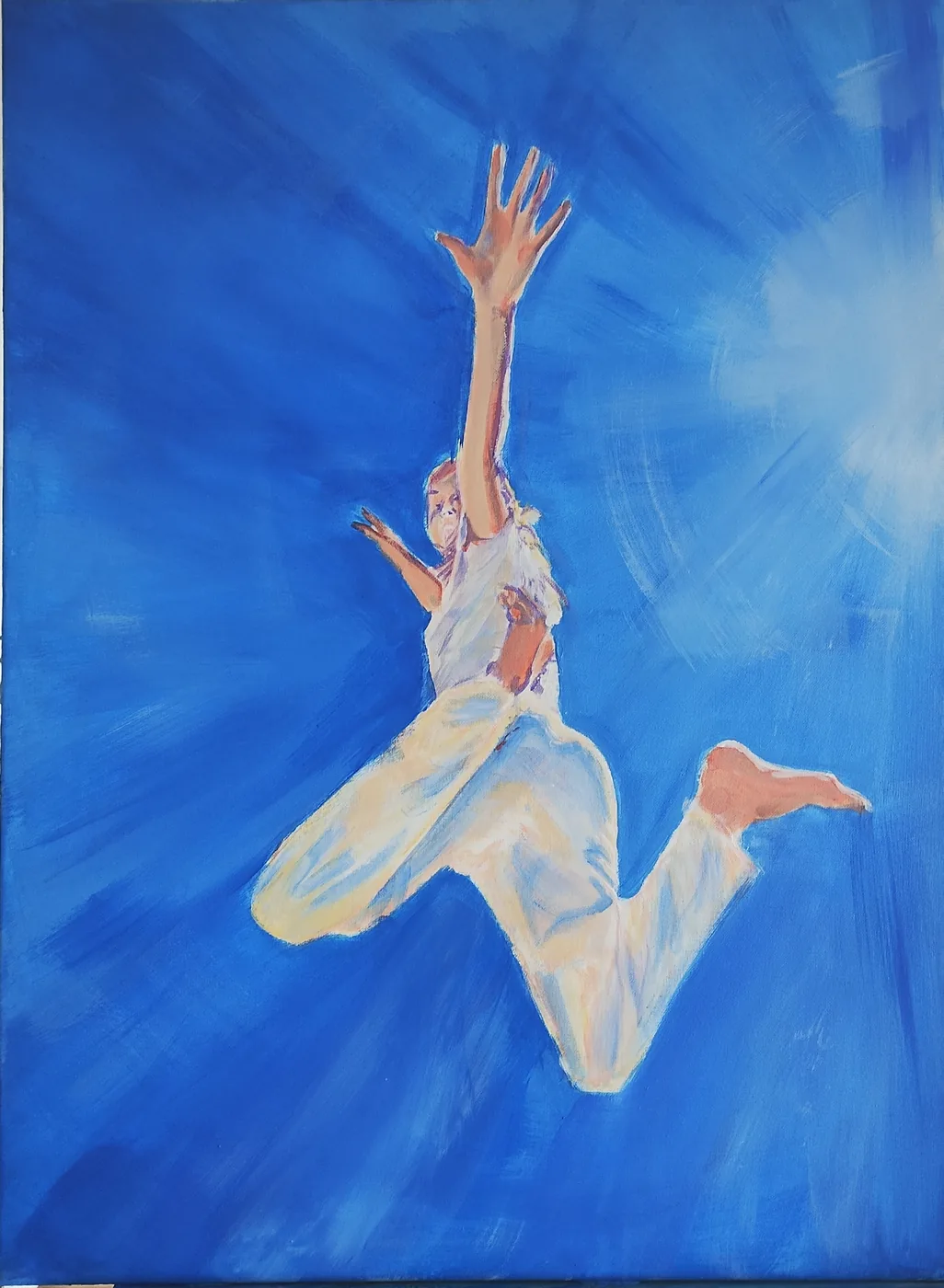 Peinture de Karine Baridon : une femme en blanc s'élance dans un ciel bleu profond.