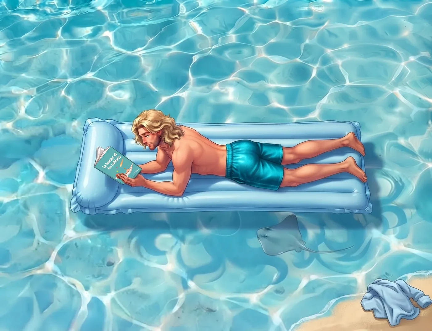 Le Viking allongé sur le ventre sur un matelas gonflable lit le roman Le Hamac et les Colibris, short turquoise.