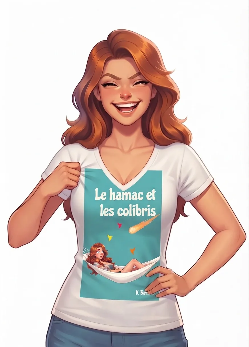 Coraline éclate de rire et montre le tee-shirt à la couverture du roman Le Hamac et les Colibris.