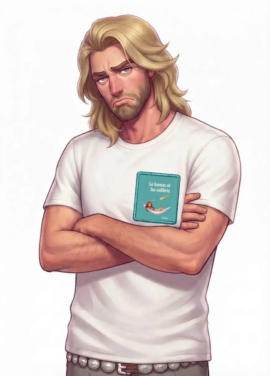 Le Viking boude, bras croisés, avec l'écusson du roman Le Hamac et les Colibris sur son tee-shirt.