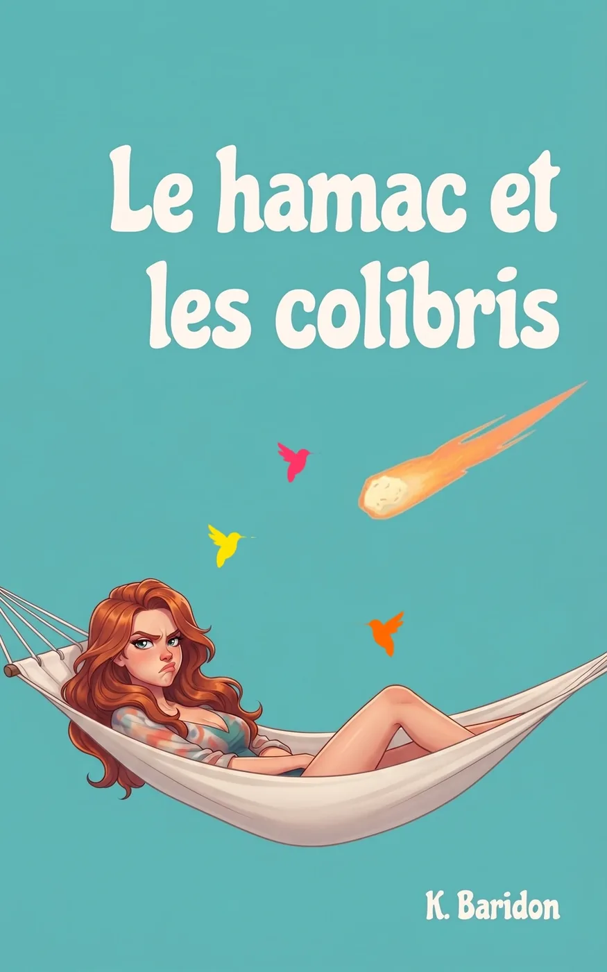 Essai de couverture du roman Le Hamac et les Colibris : Coraline agacée dans un hamac blanc sur fond turquoise.