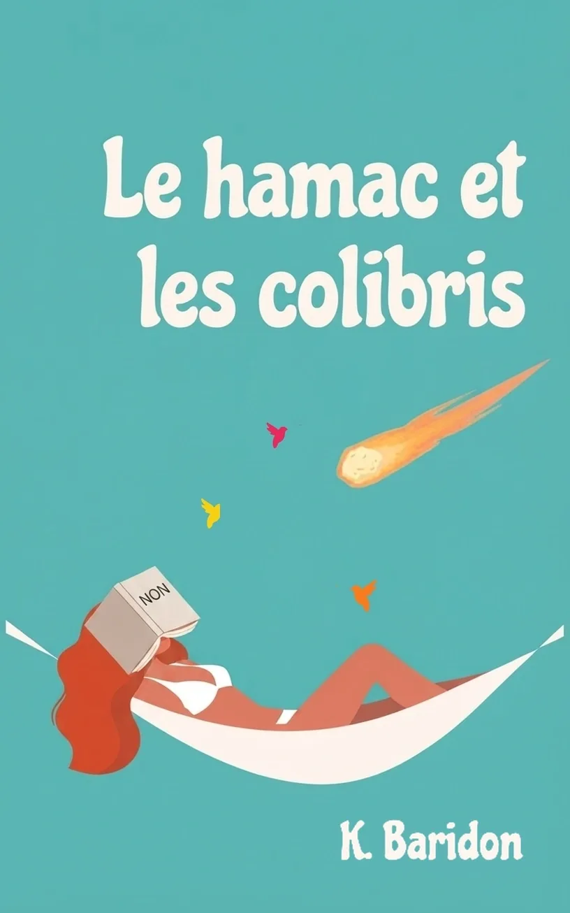 Essai de couverture du roman Le Hamac et les Colibris : Coraline dans un hamac blanc, un livre sur le visage.