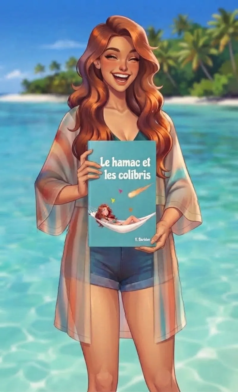Coraline, l'héroïne du roman, rit sur une plage turquoise et montre le livre Le Hamac et les Colibris de Karine Baridon
