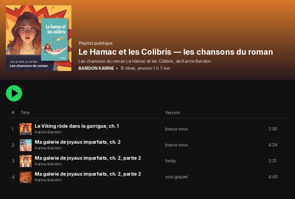 Aperçu de la playlist Spotify des chansons du roman Le Hamac et les Colibris, de Karine Baridon