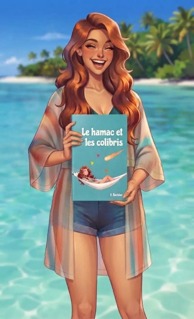 Coraline rit, les pieds dans le lagon, et tient le roman Le Hamac et les Colibris de Karine Baridon